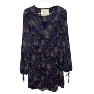 California Moonrise Lined M Mini Tunic Dress Sheer Long Sleeve Boho Floral Blue